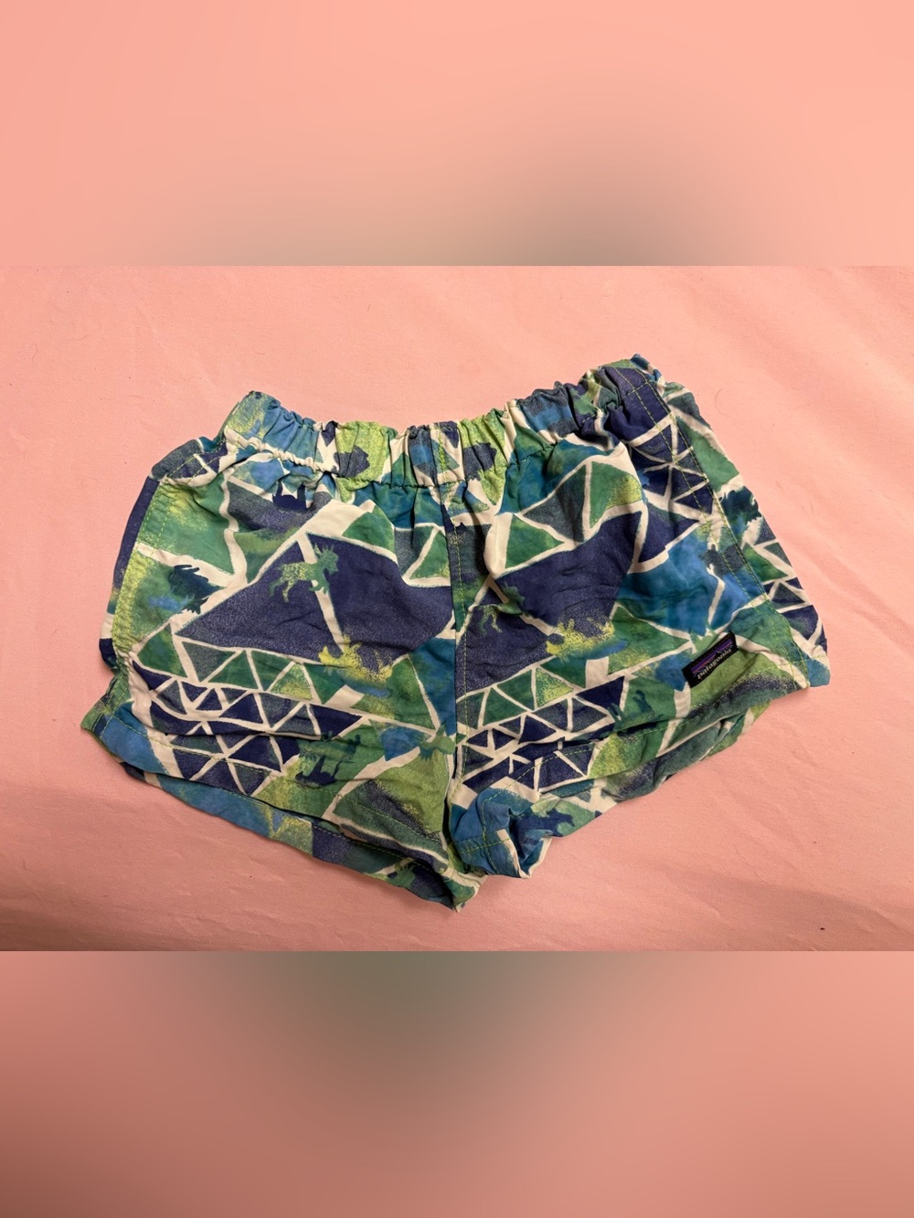 Patagonia Baby Baggies Dinosaur Print Shorts 3-6M Blue Green Nylon